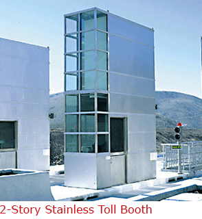A stainless steel two-story toll booth